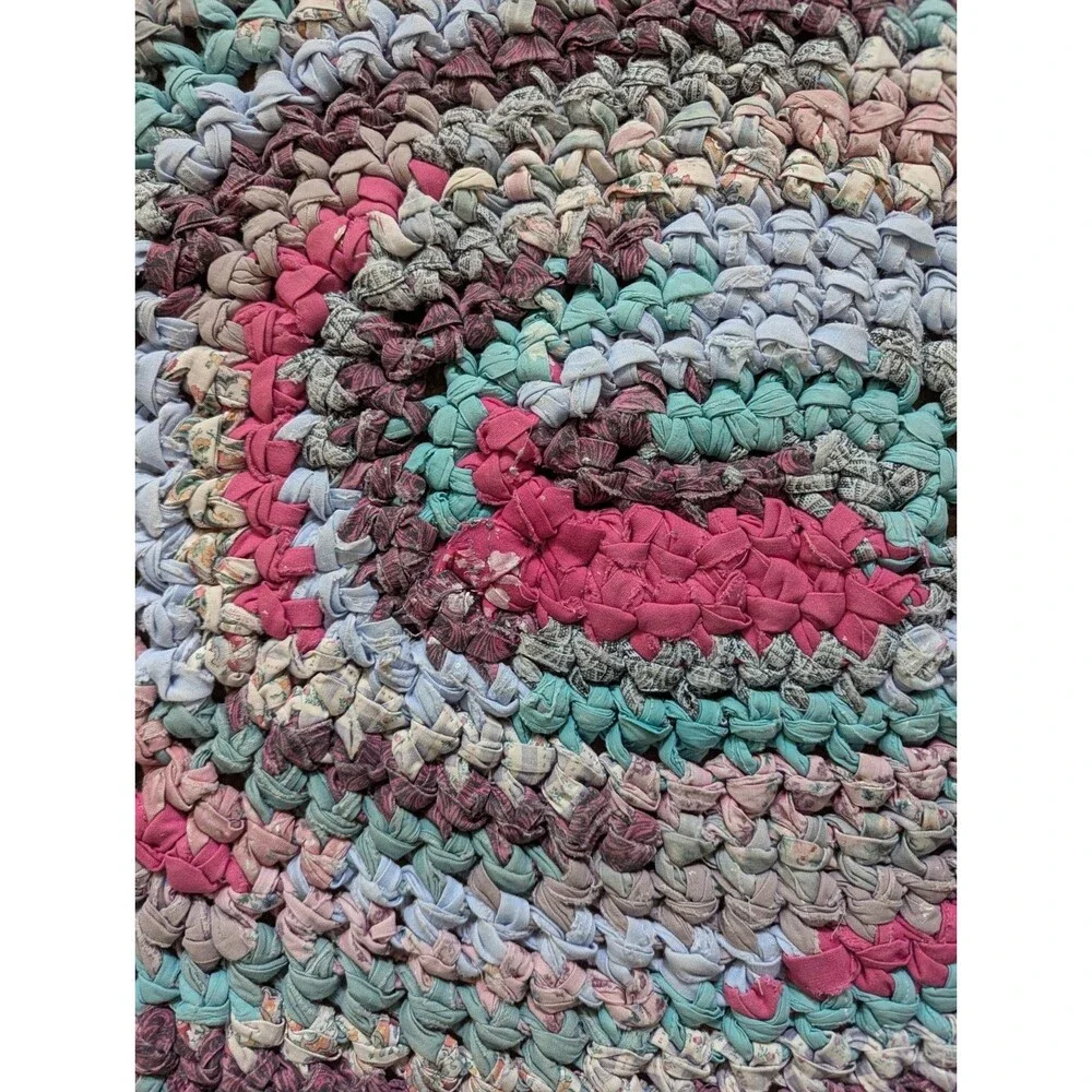 Vintage Oval Handmade Rag Rug Cotton Fabric Turquoise Pink Wine Colors 26